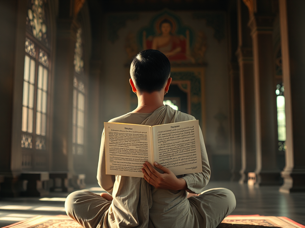 Người đang ngồi thiền với kinh sách Phật giáo, ánh sáng buổi sáng nhẹ nhàng qua cửa sổ chùa, không gian thanh tịnh với trang trí truyền thống Việt Nam