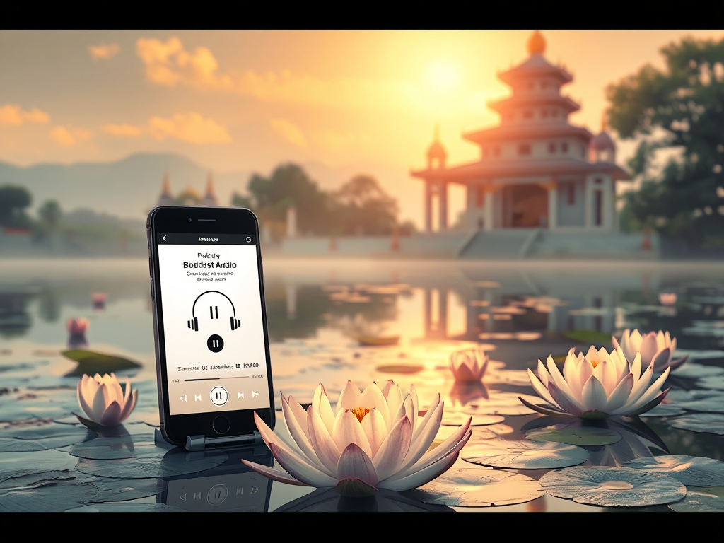 Người đang thiền định với điện thoại thông minh hiển thị ứng dụng Kinh Phật audio, hoa sen trôi trên mặt nước, ánh sáng vàng dịu nhẹ, khung cảnh chùa thanh bình tạo cảm giác thư thái khi nghe Kinh ...