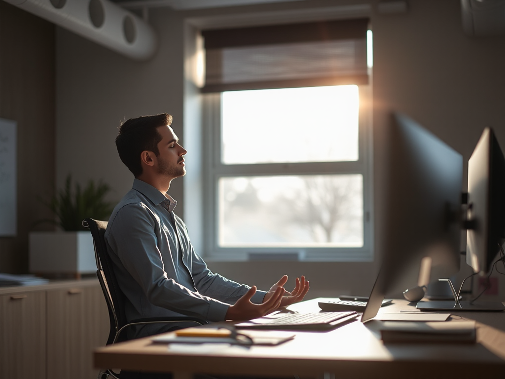 Người đi làm ngồi thiền tại bàn làm việc trong giờ nghỉ, ánh sáng tự nhiên nhẹ nhàng chiếu qua cửa sổ, không gian văn phòng hiện đại yên tĩnh Người đi làm ngồi thiền tại bàn làm việc trong giờ nghỉ, ánh sáng tự nhiên nhẹ nhàng chiếu qua cửa sổ, không gian văn phòng hiện đại yên tĩnh