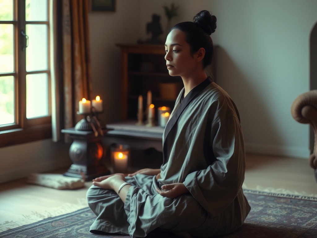 Người mặc trang phục truyền thống kín đáo ngồi thiền trước bàn thờ nhỏ với nến và hương, ánh sáng tự nhiên dịu nhẹ trong không gian yên tĩnh tại nhà Người mặc trang phục truyền thống kín đáo ngồi thiền trước bàn thờ nhỏ với nến và hương, ánh sáng tự nhiên dịu nhẹ trong không gian yên tĩnh tại nhà