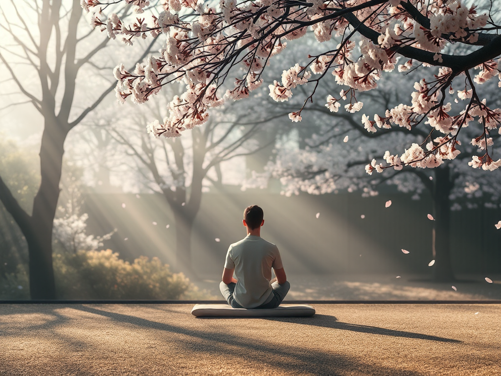 Người ngồi thiền định trên đệm trong vườn thiền, xung quanh là hoa anh đào rơi nhẹ, ánh sáng dịu nhẹ buổi sáng tạo không gian thanh tịnh Người ngồi thiền định trên đệm trong vườn thiền, xung quanh là hoa anh đào rơi nhẹ, ánh sáng dịu nhẹ buổi sáng tạo không gian thanh tịnh