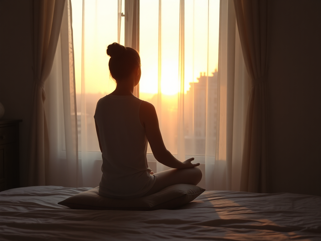 Người ngồi thiền trên đệm trong phòng ngủ yên tĩnh vào buổi sáng sớm, ánh sáng nhẹ nhàng chiếu qua cửa sổ tạo không gian thanh bình