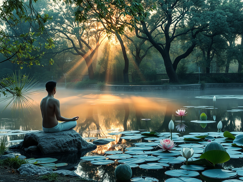 Người ngồi thiền trên tảng đá bên hồ sen trong ánh sáng buổi sáng dịu nhẹ, tạo nên không gian thanh tịnh và yên bình theo tinh thần Kinh Vô Thường Người ngồi thiền trên tảng đá bên hồ sen trong ánh sáng buổi sáng dịu nhẹ, tạo nên không gian thanh tịnh và yên bình theo tinh thần Kinh Vô Thường