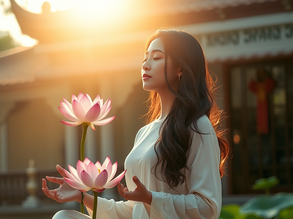 Người phụ nữ đang ngồi thiền với hoa sen trong tay, ánh sáng vàng dịu nhẹ từ trên cao, khung cảnh chùa Việt Nam truyền thống, không gian tâm linh thanh tịnh Người phụ nữ đang ngồi thiền với hoa sen trong tay, ánh sáng vàng dịu nhẹ từ trên cao, khung cảnh chùa Việt Nam truyền thống, không gian tâm linh thanh tịnh