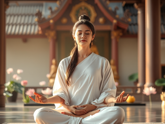 Người phụ nữ đang thiền định trong tư thế hoa sen, ánh sáng vàng dịu nhẹ chiếu sáng khuôn mặt, khung cảnh chùa thanh tịnh với hoa sen, thể hiện tinh thần Phật giáo Việt Nam truyền thống