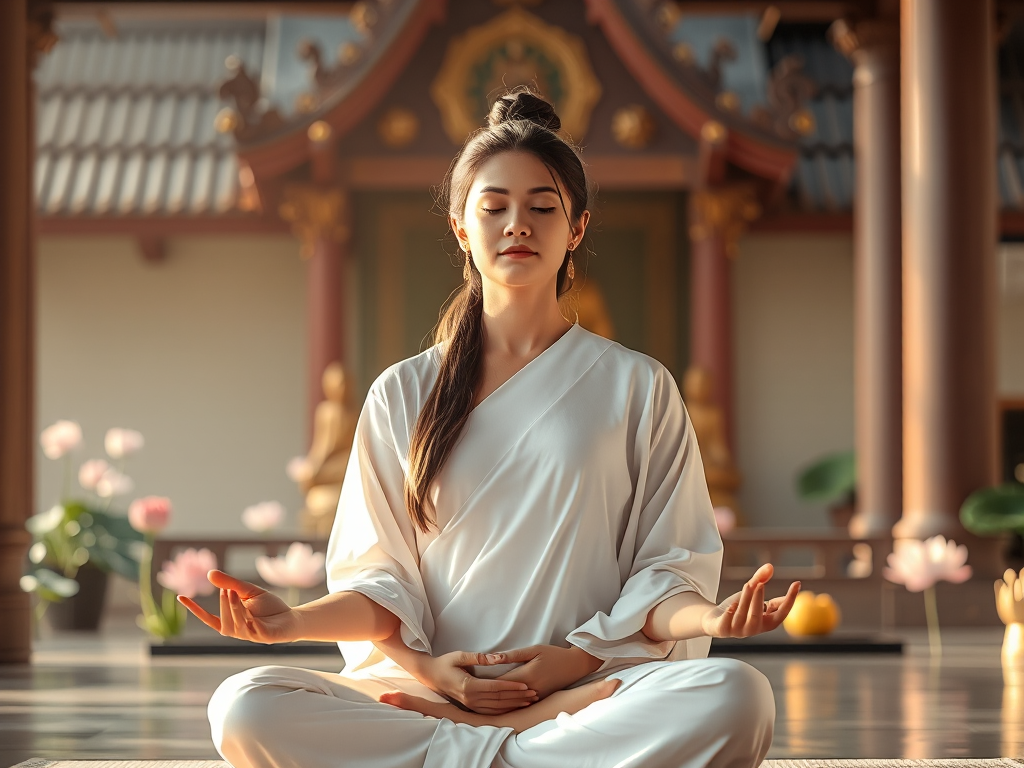 Người phụ nữ đang thiền định trong tư thế hoa sen, ánh sáng vàng dịu nhẹ chiếu sáng khuôn mặt, khung cảnh chùa thanh tịnh với hoa sen, thể hiện tinh thần Phật giáo Việt Nam truyền thống