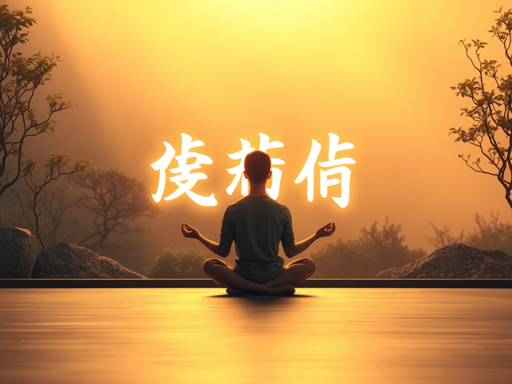 Người thiền định trong tư thế hoa sen với ánh sáng vàng bao quanh, kinh văn Chú Lăng Nghiêm lơ lửng trên không, không gian thiền tịnh thanh bình, phong cách nghệ thuật tâm linh. Người thiền định trong tư thế hoa sen với ánh sáng vàng bao quanh, kinh văn Chú Lăng Nghiêm lơ lửng trên không, không gian thiền tịnh thanh bình, phong cách nghệ thuật tâm linh.