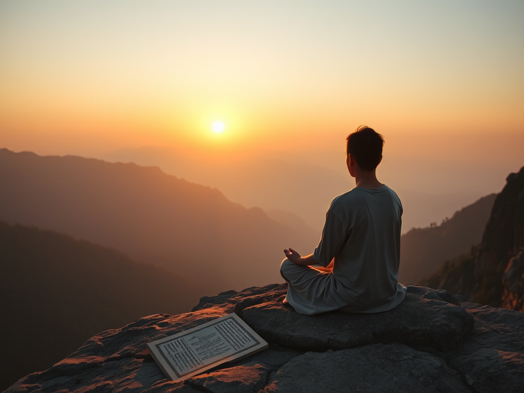 Người thiền định tư thế hoa sen trên vách núi lúc bình minh, ánh sáng vàng dịu chiếu lên kinh sách Phật giáo cổ, phong cách thiền tối giản
