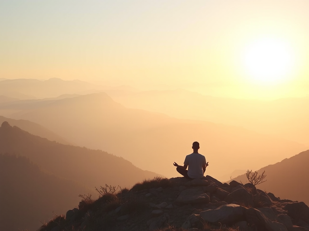 Người thiền sư tọa thiền trên đỉnh núi cao khi bình minh, ánh sáng vàng dịu nhẹ bao phủ không gian, phong cách tối giản thiền định thanh tịnh Người thiền sư tọa thiền trên đỉnh núi cao khi bình minh, ánh sáng vàng dịu nhẹ bao phủ không gian, phong cách tối giản thiền định thanh tịnh