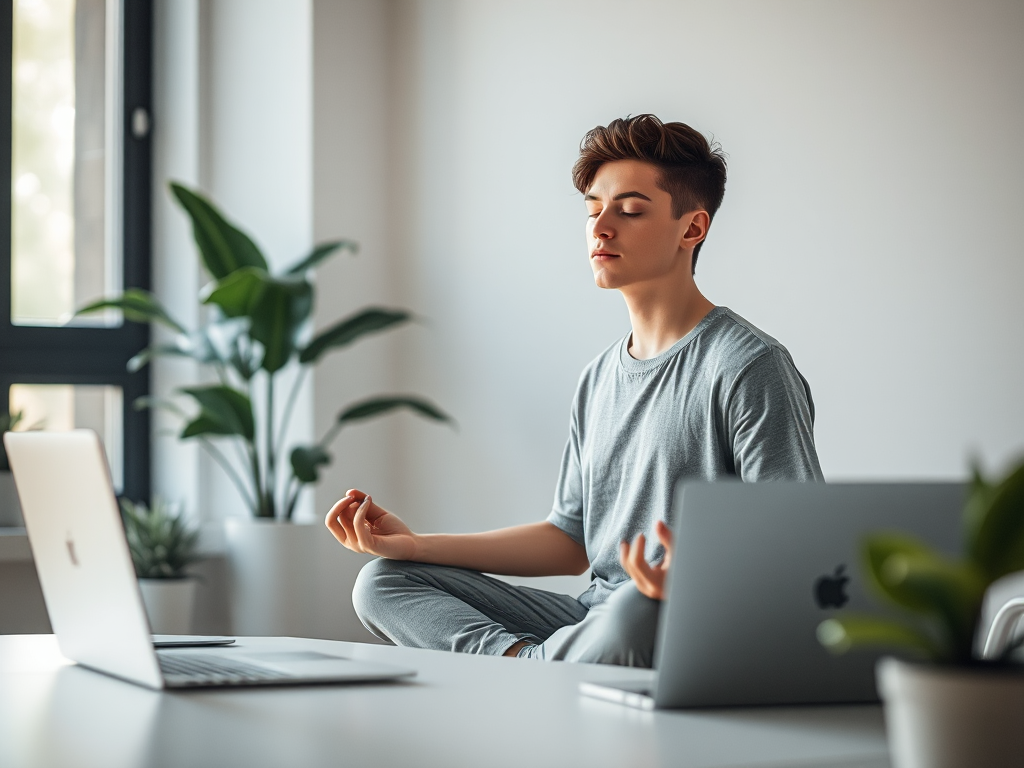 Người trẻ tuổi thiền định tại bàn làm việc văn phòng với ánh sáng tự nhiên, biểu cảm bình yên, không gian làm việc tối giản với cây xanh và máy tính xách tay Người trẻ tuổi thiền định tại bàn làm việc văn phòng với ánh sáng tự nhiên, biểu cảm bình yên, không gian làm việc tối giản với cây xanh và máy tính xách tay