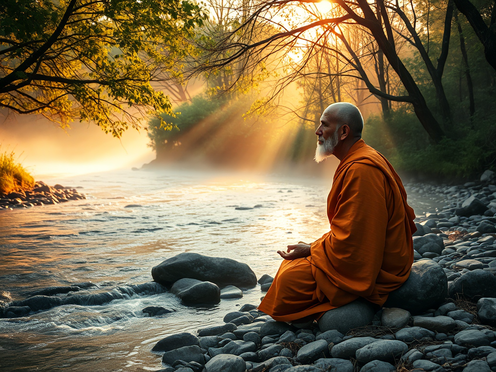 Người tu hành Phật giáo ngồi thiền bên bờ sông vào buổi sáng sớm, ánh sáng dịu nhẹ xuyên qua tán lá, khung cảnh thanh bình gợi nhớ đến kinh Thủy Sám và sự thanh tịnh tâm hồn