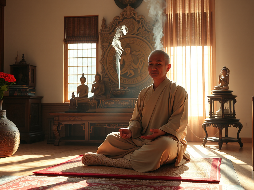 Người tu hành Phật giáo ngồi thiền trên đệm tại nhà, ánh sáng mặt trời chiếu qua cửa sổ, khói hương bay nghi ngút, bàn thờ Phật truyền thống với tượng và lễ vật