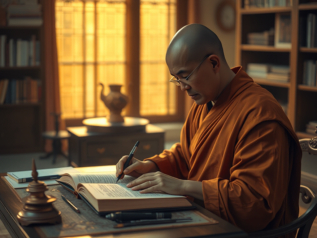 Nhà sư đang dịch kinh điển Phật giáo với bút lông và giấy cổ điển trong không gian học tập hiện đại, ánh sáng vàng ấm áp tạo cảm giác thanh tịnh và tôn nghiêm