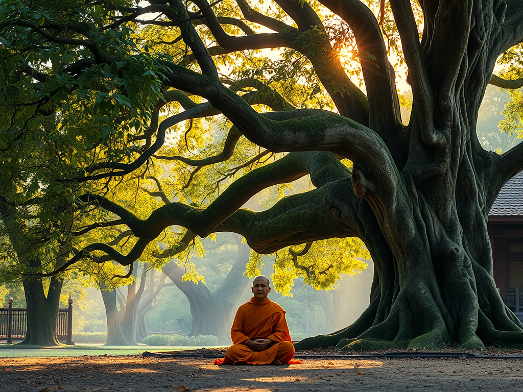 Nhà sư mặc áo cà sa ngồi thiền dưới gốc cây bồ đề cổ thụ trong khu rừng yên bình, ánh sáng mặt trời vàng dịu lọt qua tán lá, khung cảnh chùa chiền truyền thống Á Đông Nhà sư mặc áo cà sa ngồi thiền dưới gốc cây bồ đề cổ thụ trong khu rừng yên bình, ánh sáng mặt trời vàng dịu lọt qua tán lá, khung cảnh chùa chiền truyền thống Á Đông