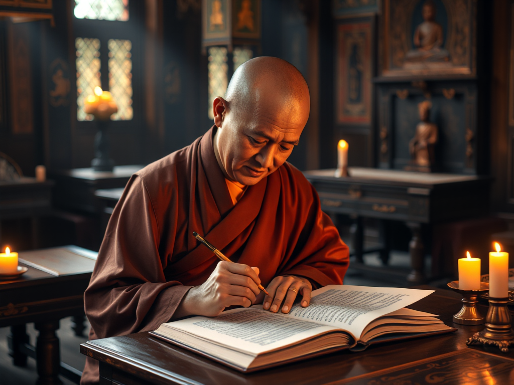 Nhà sư mặc áo cà sa truyền thống đang tỉ mỉ sao chép kinh Phật bằng bút lông và mực, ánh sáng vàng dịu từ nến, không gian chùa cổ kính với bàn gỗ và kinh thánh