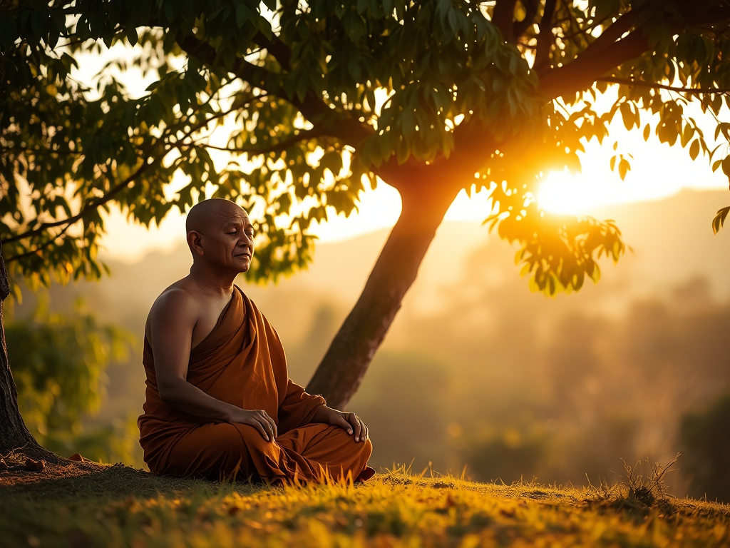 Nhà sư ngồi thiền dưới cây Bồ Đề vào lúc bình minh với ánh sáng vàng dịu nhẹ, thể hiện sự thanh tịnh và tĩnh lặng trong tâm trí