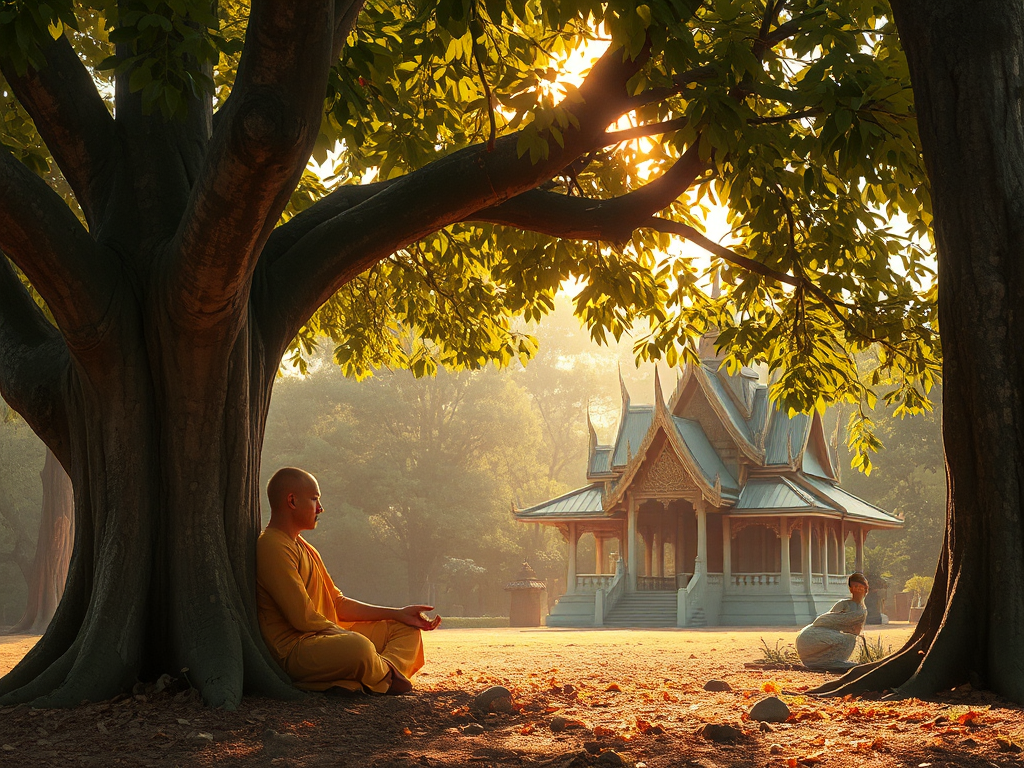 Nhà sư ngồi thiền dưới gốc cây Bồ Đề với ánh sáng vàng dịu nhẹ, cảnh chùa cổ điển Thái Lan phía sau, tạo nên không gian thanh tịnh và trang nghiêm