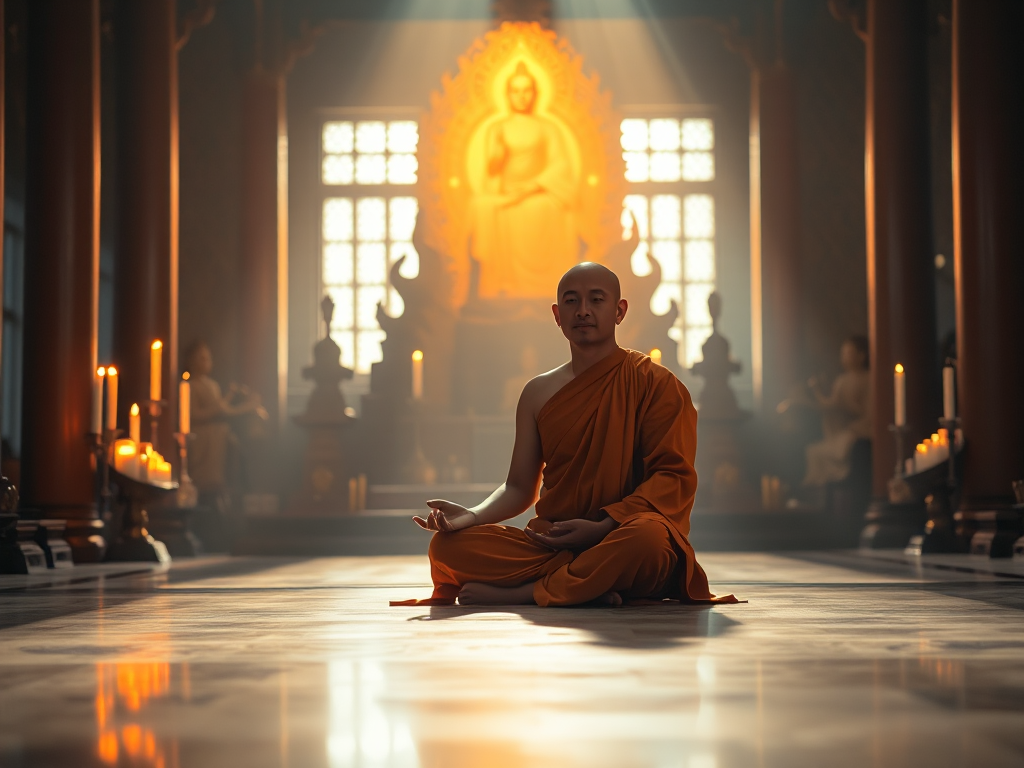 Nhà sư ngồi thiền trong tư thế hoa sen, ánh sáng vàng dịu từ nến và hương, không gian chùa cổ kính, tạo cảm giác thanh tịnh tâm linh