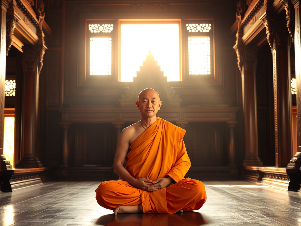 Nhà sư ngồi thiền trong tư thế hoa sen tại chùa cổ kính, ánh sáng vàng dịu nhẹ chiếu qua cửa sổ, tạo không gian thanh tịnh và linh thiêng