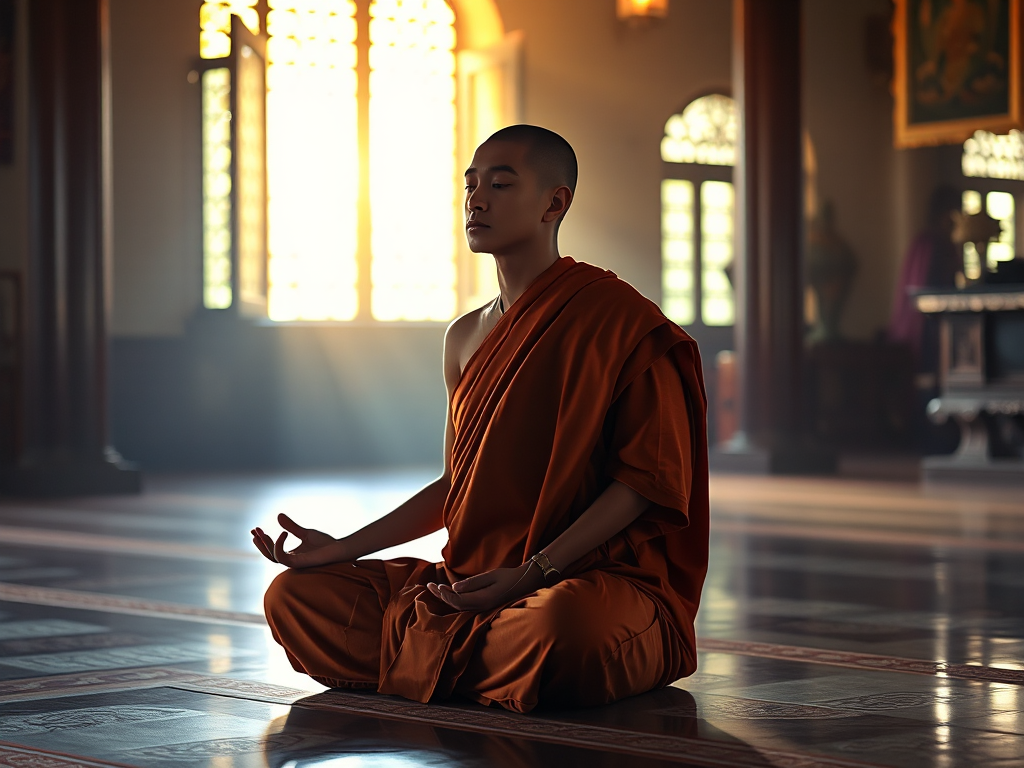 Nhà sư ngồi thiền trong tư thế hoa sen trên sàn chùa với ánh sáng vàng dịu nhẹ từ cửa sổ, không gian chùa Việt Nam truyền thống thanh tịnh