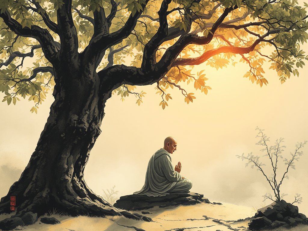 Nhà sư Phật giáo cổ đại đang thiền định dưới gốc cây Bồ đề với ánh sáng vàng dịu nhẹ, tạo nên không gian tâm linh thanh bình theo phong cách tranh mực Trung Hoa truyền thống Nhà sư Phật giáo cổ đại đang thiền định dưới gốc cây Bồ đề với ánh sáng vàng dịu nhẹ, tạo nên không gian tâm linh thanh bình theo phong cách tranh mực Trung Hoa truyền thống