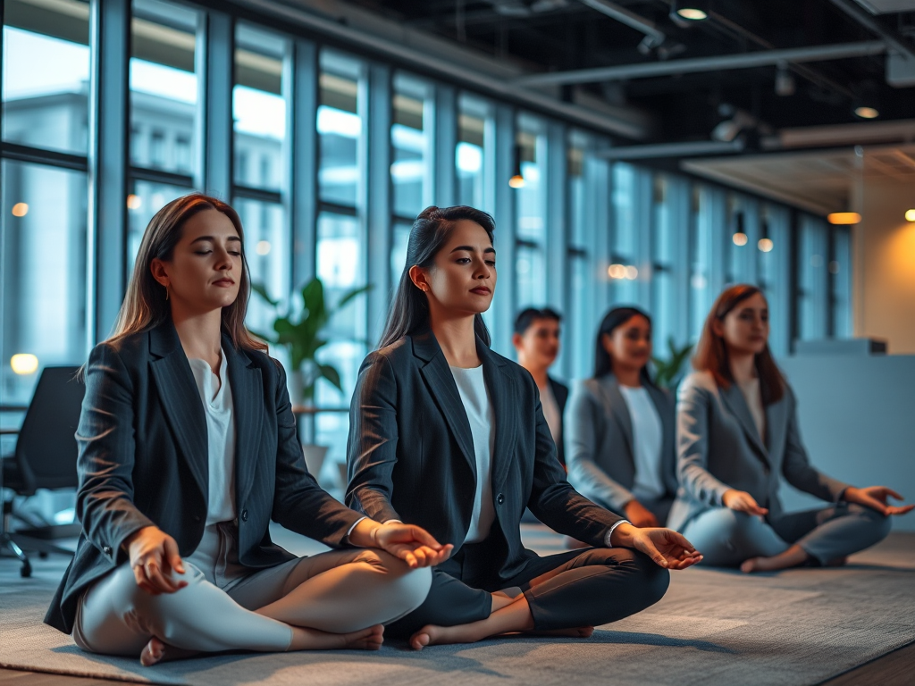Nhân viên văn phòng thực hành thiền định trong không gian làm việc hiện đại với ánh sáng dịu nhẹ và thái độ tập trung cao độ