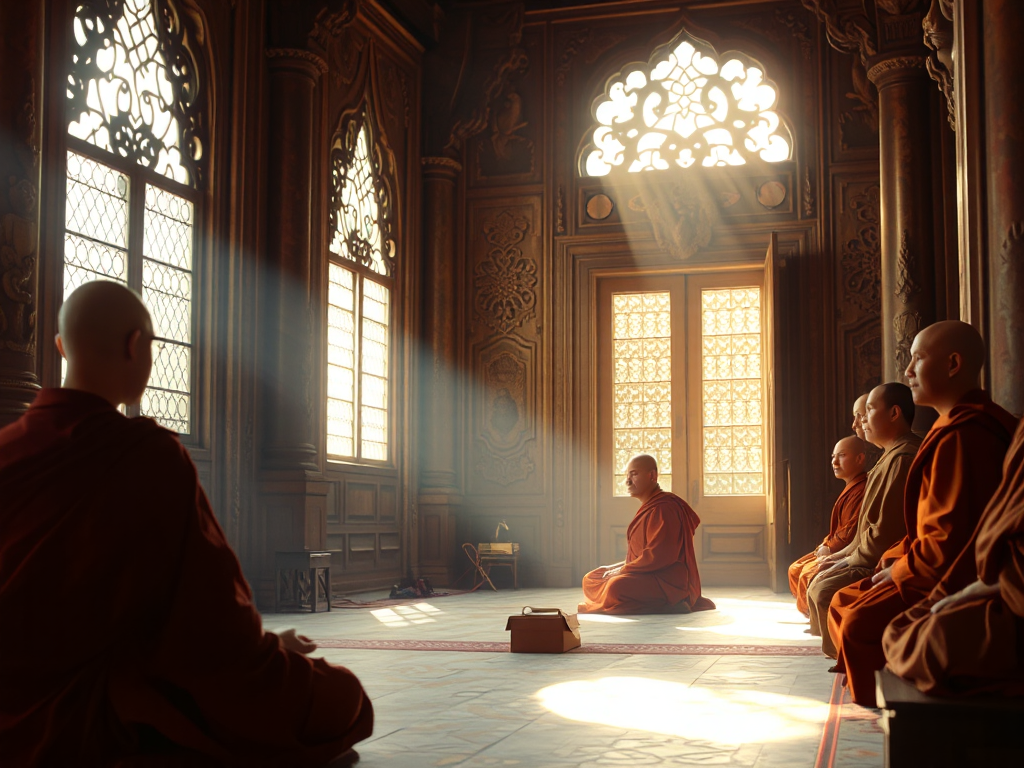 Nhóm các vị sư mặc áo cà sa truyền thống đang ngồi thiền trong chùa cổ kính với ánh sáng vàng dịu nhẹ tạo nên không gian thanh tịnh Nhóm các vị sư mặc áo cà sa truyền thống đang ngồi thiền trong chùa cổ kính với ánh sáng vàng dịu nhẹ tạo nên không gian thanh tịnh
