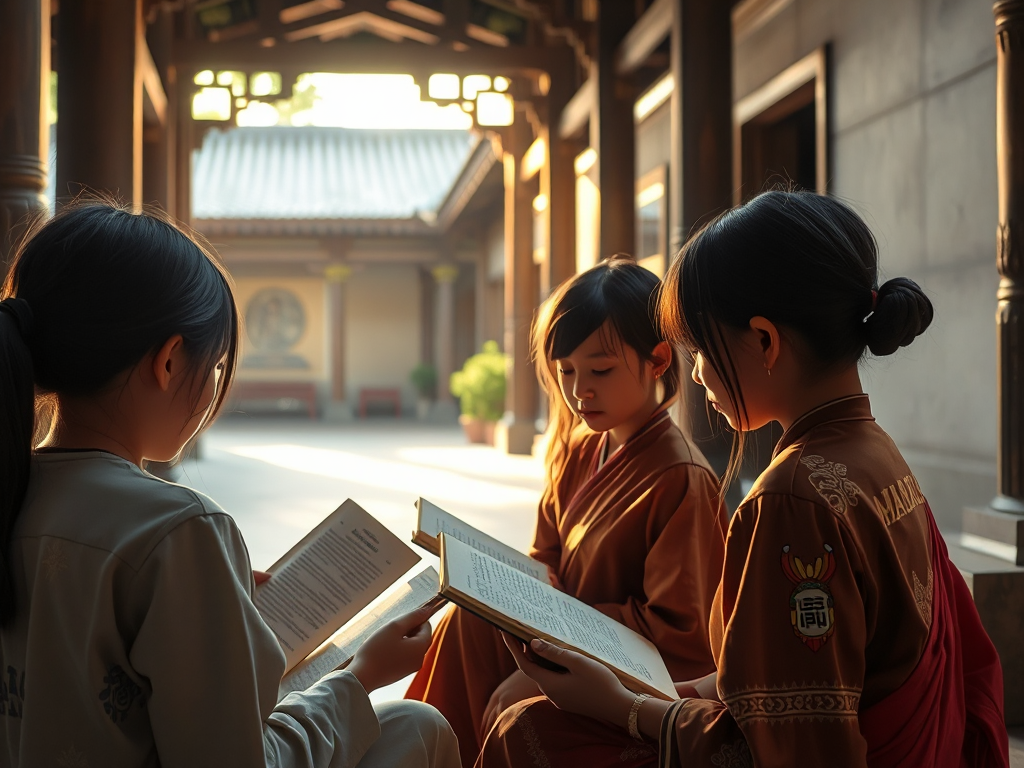 Nhóm học sinh Việt Nam đọc kinh sách Phật giáo cổ trong sân chùa thanh tịnh, ánh nắng vàng nhẹ qua cột gỗ, kiến trúc truyền thống, không gian yên bình Nhóm học sinh Việt Nam đọc kinh sách Phật giáo cổ trong sân chùa thanh tịnh, ánh nắng vàng nhẹ qua cột gỗ, kiến trúc truyền thống, không gian yên bình