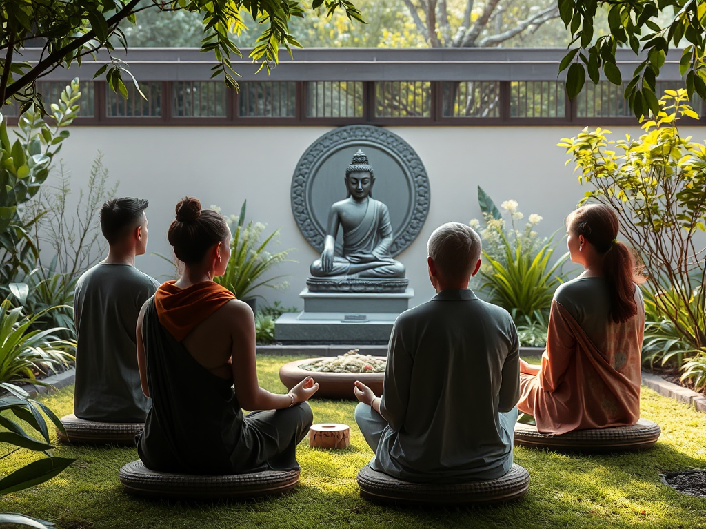 Nhóm người thực hành thiền định Tịnh Độ trong vườn yên tĩnh, tập trung vào hình ảnh Phật A Di Đà, không khí thanh bình và thanh tịnh