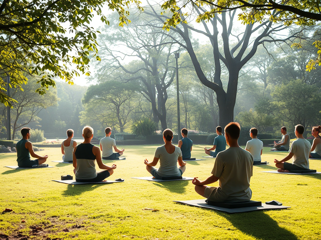 Nhóm người thực hành thiền định trong khu vườn yên tĩnh, ngồi kiết già trên đệm, ánh sáng buổi sáng nhẹ nhàng xuyên qua tán lá cây