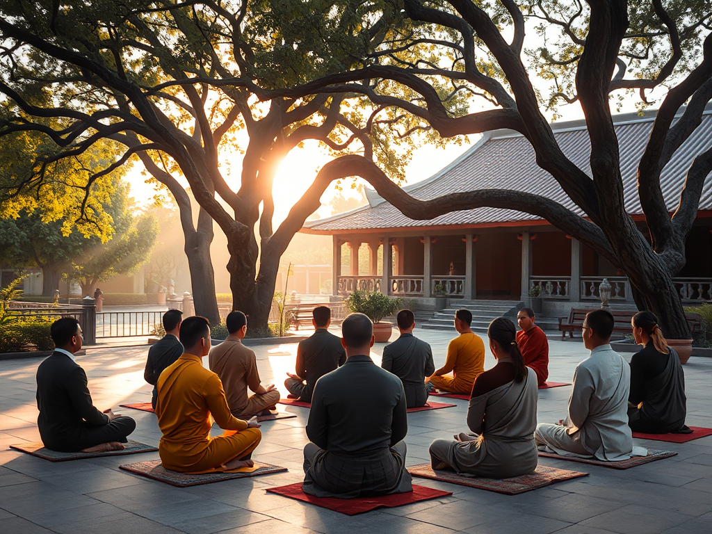 Nhóm người tu tập thiền định tại sân chùa yên bình với ánh sáng buổi sáng nhẹ nhàng qua tán cây cổ thụ, kiến trúc chùa Việt Nam truyền thống tạo không gian thanh tịnh