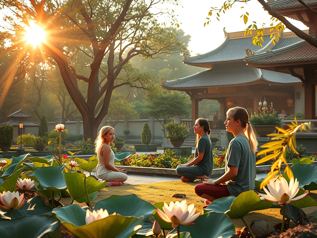 Nhóm thanh niên ngồi thiền trong khu vườn chùa thanh tịnh, ánh sáng vàng dịu nhẹ xuyên qua tán lá, hoa sen và khói hương tạo không gian tâm linh yên bình