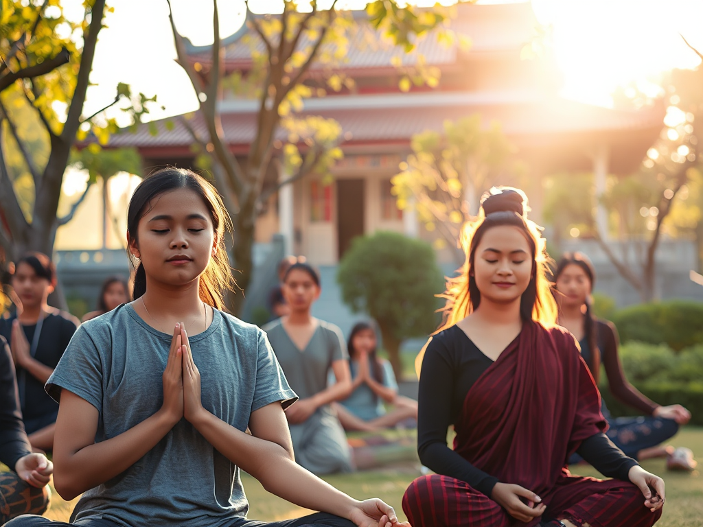 Nhóm thanh niên ngồi thiền trong khuôn viên chùa yên tĩnh, ánh nắng vàng rọi qua tán cây, tạo không gian thanh bình và trang nghiêm