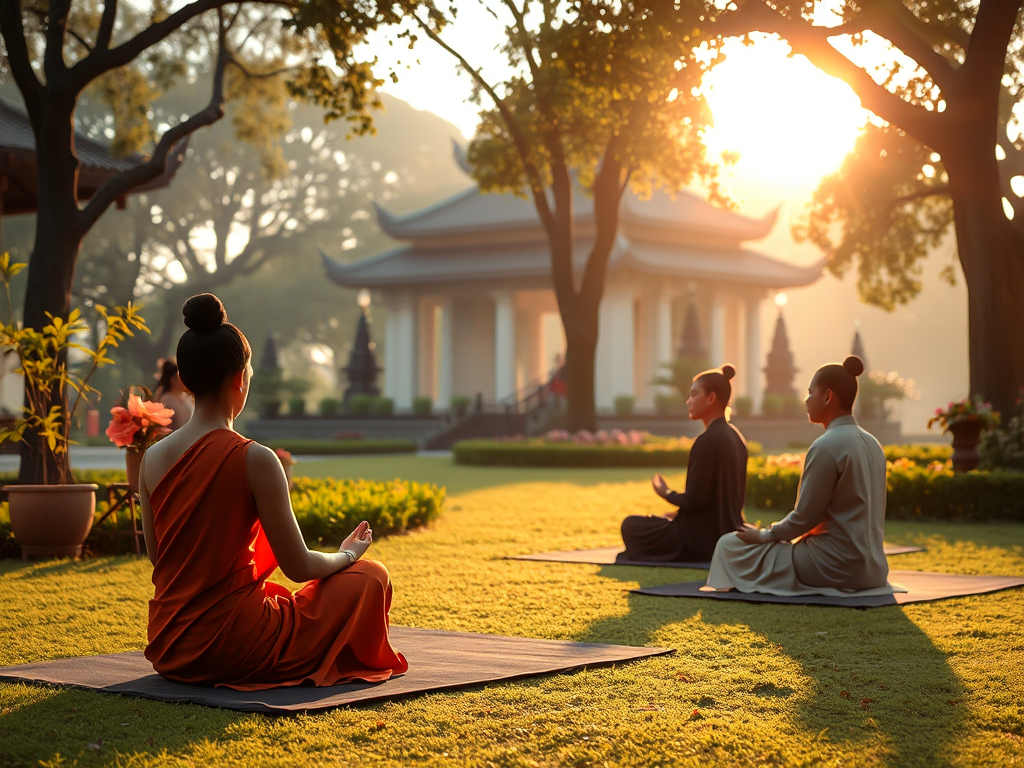 Những người hành thiền trong tư thế hoa sen tại vườn chùa ở Bình Dương, ánh sáng vàng dịu nhẹ xuyên qua tán cây tạo không gian thanh tịnh, tôn vinh tinh thần Kinh Trường Bộ