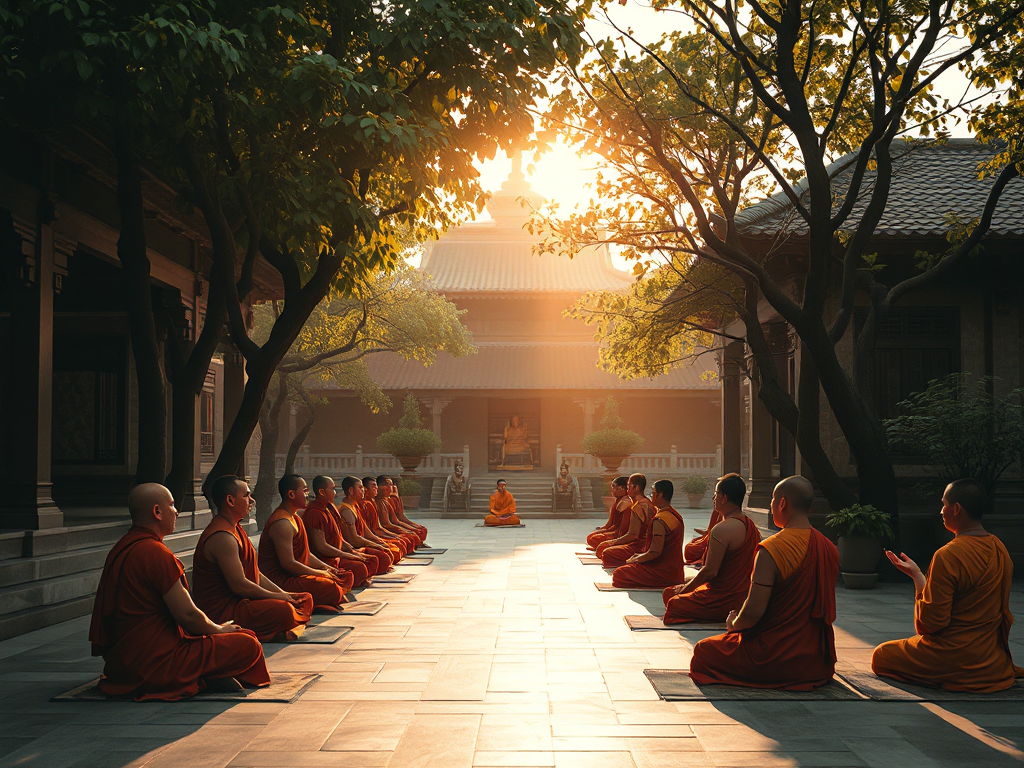 Những nhà sư và Phật tử thiền định trong sân chùa thanh bình, ánh sáng vàng dịu nhẹ xuyên qua tán cây, kiến trúc Phật giáo truyền thống tạo nên không gian tĩnh lặng