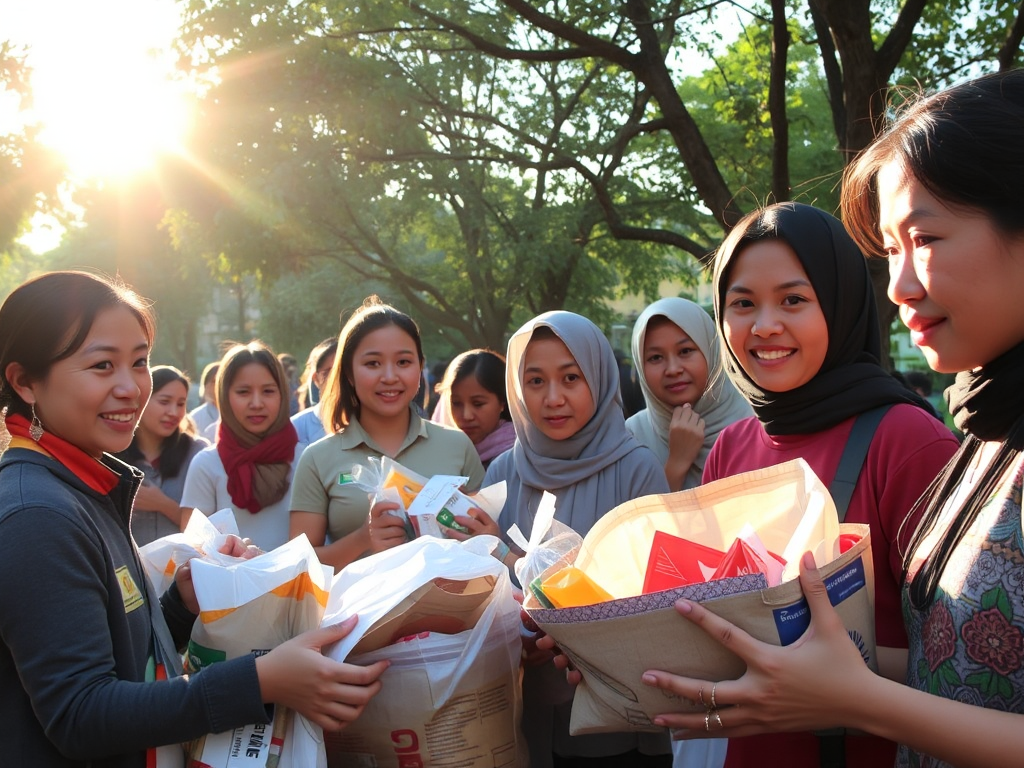 Những tình nguyện viên đang phát quà từ thiện cho người dân khó khăn tại Bình Dương, ánh sáng tự nhiên dịu nhẹ, thể hiện tinh thần từ bi của Kinh Bi Hoa trong thực tiễn