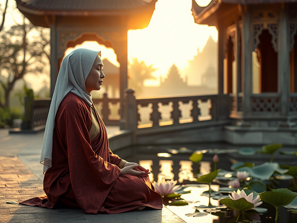 Ni sư đang ngồi thiền bên hồ sen trong khuôn viên chùa, ánh sáng vàng dịu nhẹ xuyên qua kiến trúc cổ kính, tạo nên không gian thanh tịnh và trang nghiêm