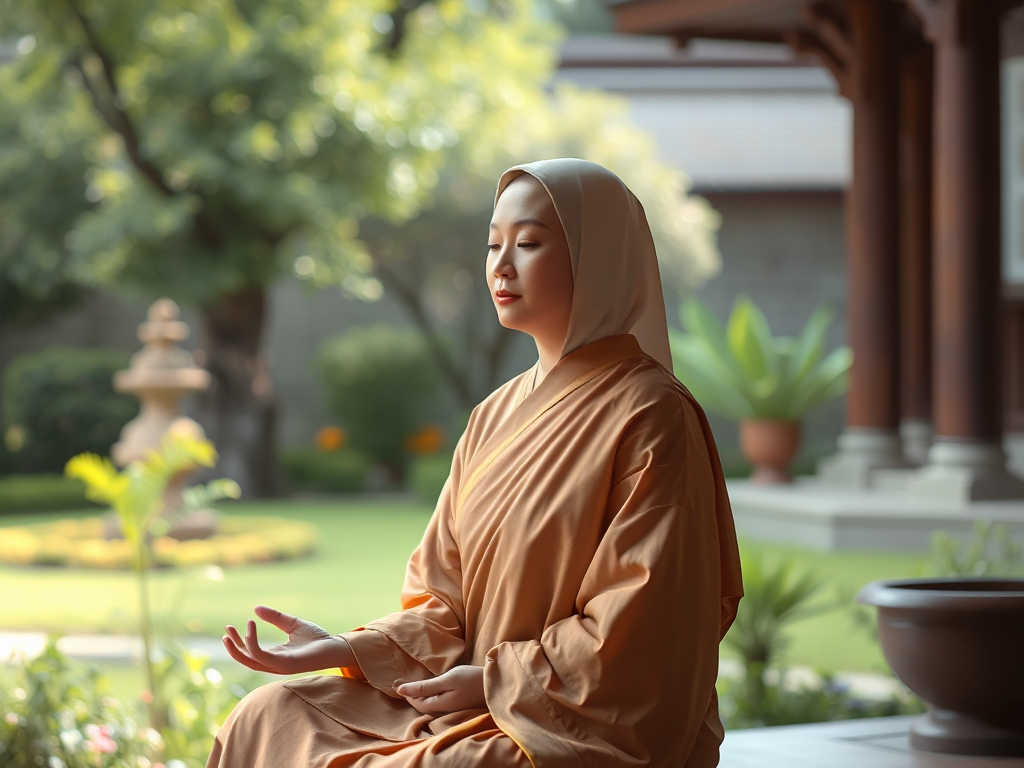 Ni sư thiền định trong khu vườn chùa thanh tịnh, tôn nghiêm và an lạc, thể hiện tinh thần kinh Thắng Man về Ngũ Hành Xưng Thật