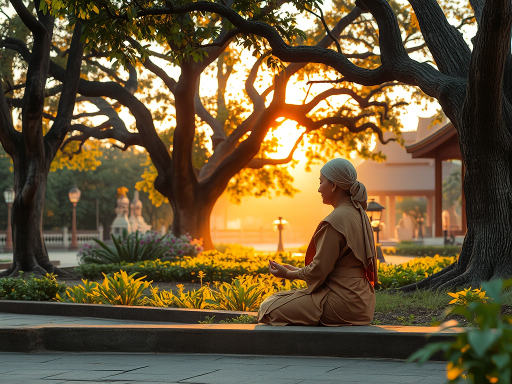 Nữ tu Phật giáo ngồi thiền trong tư thế hoa sen tại vườn chùa vào lúc bình minh, ánh sáng vàng dịu nhẹ xuyên qua tán cây cổ thụ, không gian thanh tịnh và linh thiêng