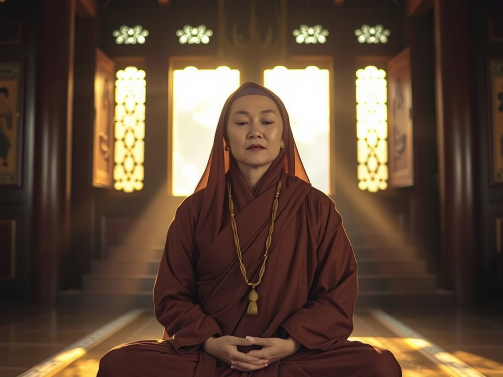 Nữ tu Phật giáo Việt Nam ngồi thiền trong chùa cổ, ánh sáng vàng dịu nhẹ chiếu qua cửa sổ, tay đeo tràng hạt, tạo cảm giác thanh tịnh và trang nghiêm