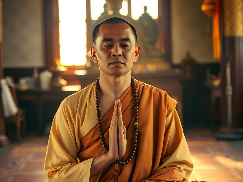 Phật tử ngồi thiền trì chú Đại Bi với tràng hạt trong chùa Việt Nam, ánh sáng vàng dịu tạo không gian thanh tịnh và thiêng liêng Phật tử ngồi thiền trì chú Đại Bi với tràng hạt trong chùa Việt Nam, ánh sáng vàng dịu tạo không gian thanh tịnh và thiêng liêng