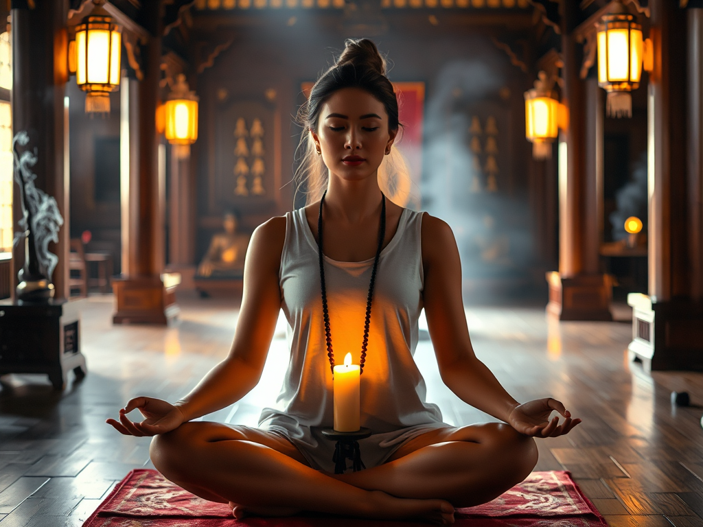 Phụ nữ ngồi thiền tọa trên nền chùa Việt Nam, tay cầm tràng hạt, ánh nến lung linh tỏa sáng, khói hương nghi ngút tạo không gian thanh tịnh cho việc thực hành Kinh Quan Âm Cứu Khổ. Phụ nữ ngồi thiền tọa trên nền chùa Việt Nam, tay cầm tràng hạt, ánh nến lung linh tỏa sáng, khói hương nghi ngút tạo không gian thanh tịnh cho việc thực hành Kinh Quan Âm Cứu Khổ.