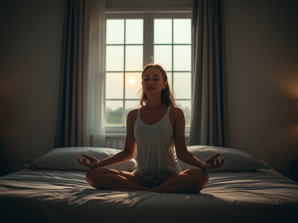 Phụ nữ ngồi thiền trên giường trong tư thế hoa sen, ánh trăng dịu nhẹ qua cửa sổ, không gian phòng ngủ yên bình, tập trung vào thiền định và thư giãn tinh thần Phụ nữ ngồi thiền trên giường trong tư thế hoa sen, ánh trăng dịu nhẹ qua cửa sổ, không gian phòng ngủ yên bình, tập trung vào thiền định và thư giãn tinh thần