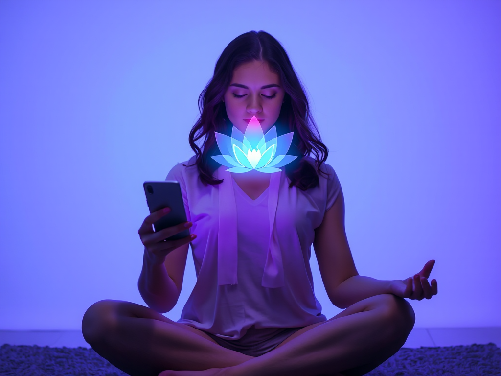 Phụ nữ thiền định với điện thoại thông minh trong tư thế hoa sen, giao diện hoa sen kỹ thuật số xuất hiện trên đầu, ánh sáng xanh tím nhẹ nhàng, khái niệm công nghệ tâm linh hiện đại