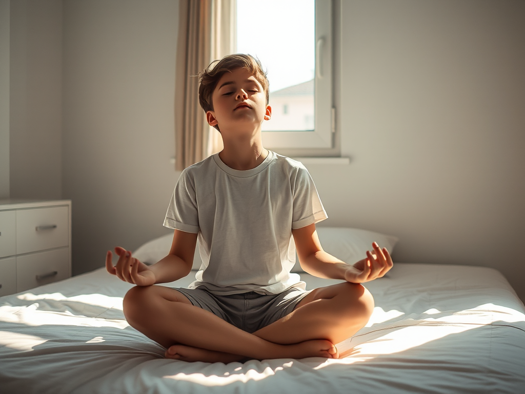 Sinh viên ngồi thiền định trên giường vào buổi sáng, ánh sáng mặt trời chiếu qua cửa sổ, không gian phòng ngủ yên bình và thanh thản