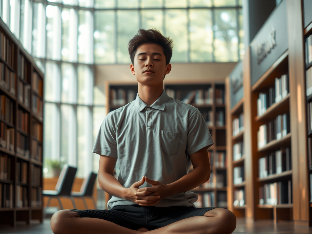 Sinh viên ngồi thiền tĩnh lặng trong thư viện trường đại học với ánh sáng tự nhiên dịu nhẹ, tạo không gian yên bình cho việc học tập và tu dưỡng đạo đức