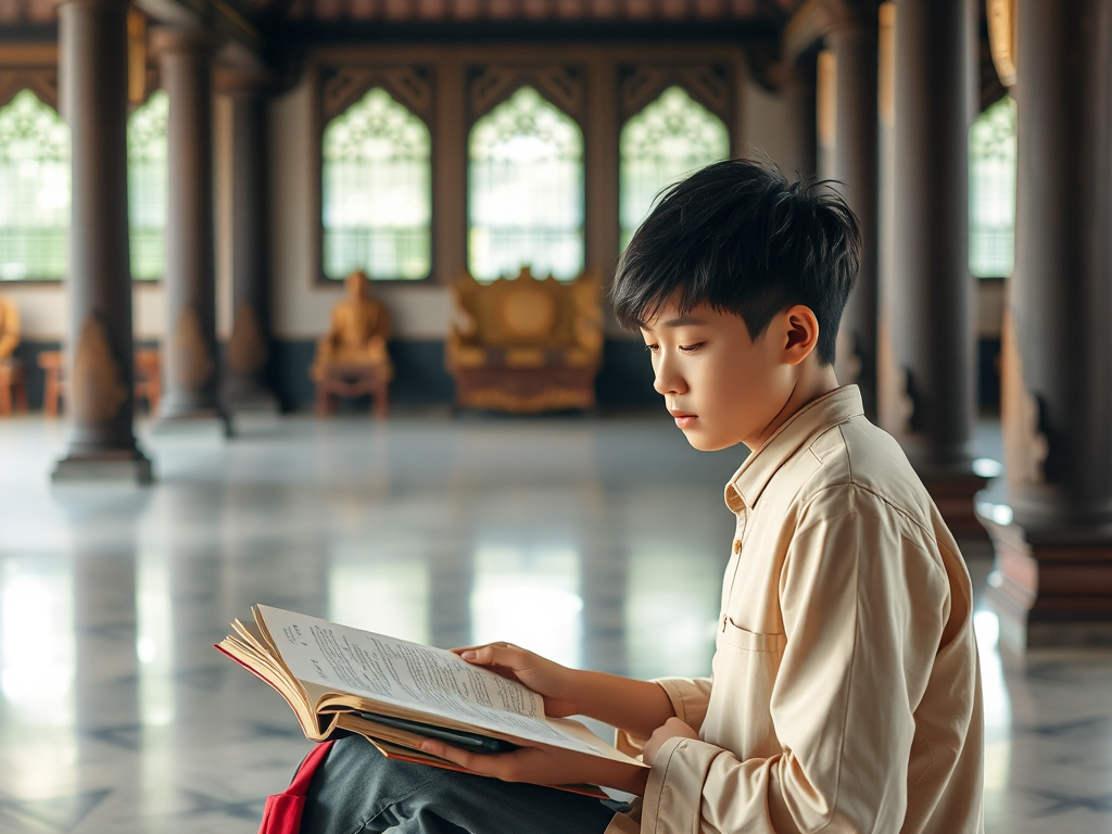 Sinh viên Việt Nam ngồi học kinh Phật trong chùa cổ kính, ánh sáng tự nhiên nhẹ nhàng chiếu qua cửa sổ, không gian thanh tịnh, kết hợp giữa hiện đại và truyền thống tâm linh