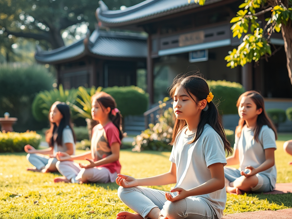 Sinh viên Việt Nam ngồi thiền tĩnh lặng trong khu vườn thanh bình với kiến trúc chùa truyền thống phía sau, ánh sáng tự nhiên dịu nhẹ tạo không gian tâm linh an yên