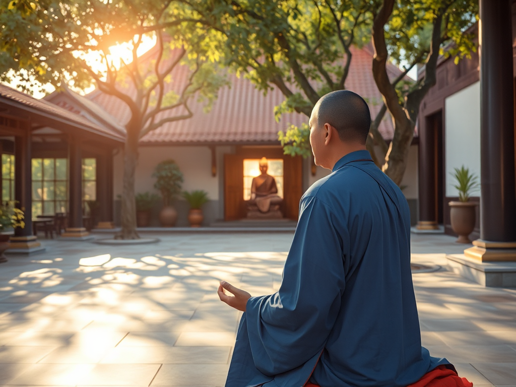 Sư thầy đang hướng dẫn Phật tử thực hành thiền định trong khuôn viên chùa thanh tịnh, ánh sáng dịu nhẹ buổi sáng tạo cảm giác an lạc Sư thầy đang hướng dẫn Phật tử thực hành thiền định trong khuôn viên chùa thanh tịnh, ánh sáng dịu nhẹ buổi sáng tạo cảm giác an lạc