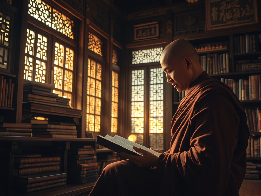 Tăng sĩ nghiên cứu kinh điển Phật giáo trong thư viện chùa cổ kính với ánh sáng vàng dịu nhẹ, tạo không gian thanh tịnh cho việc học tập kinh Trường Bộ